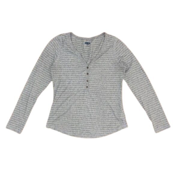 OLD NAVY Rib Knit HENLEY TEE Gray Striped Long Sleeve Top Ribbed Slim Fit - Picture 2 of 5